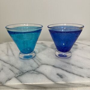 Anthropologie Set of 2 Blue & Aqua bubble cocktail martini stemless glasses